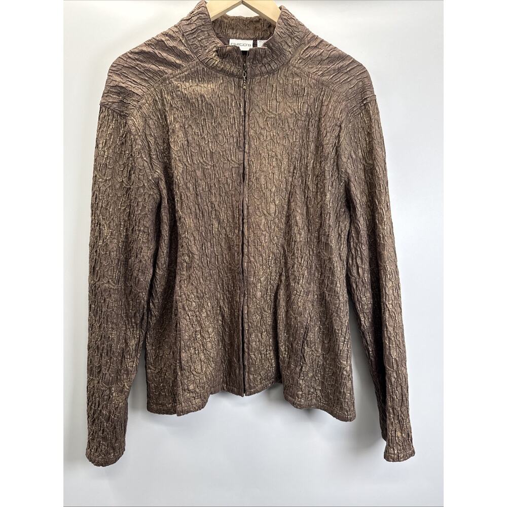 Chico's 2 Women's Metallic Gold Bronze Crinkle Texture Full Zip Jacket Coat Top